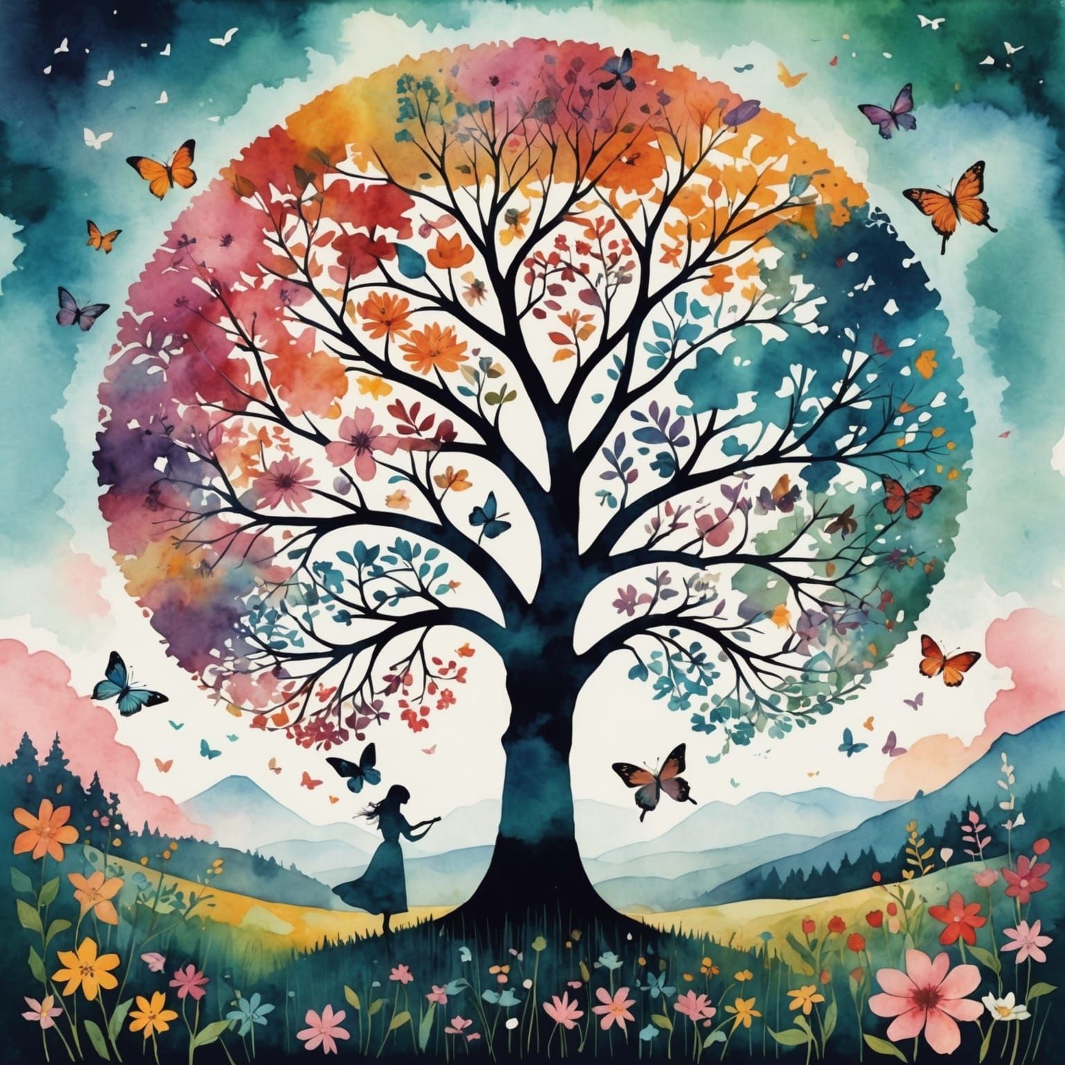 Cosmic Tree of Life in Cubist Watercolor Style