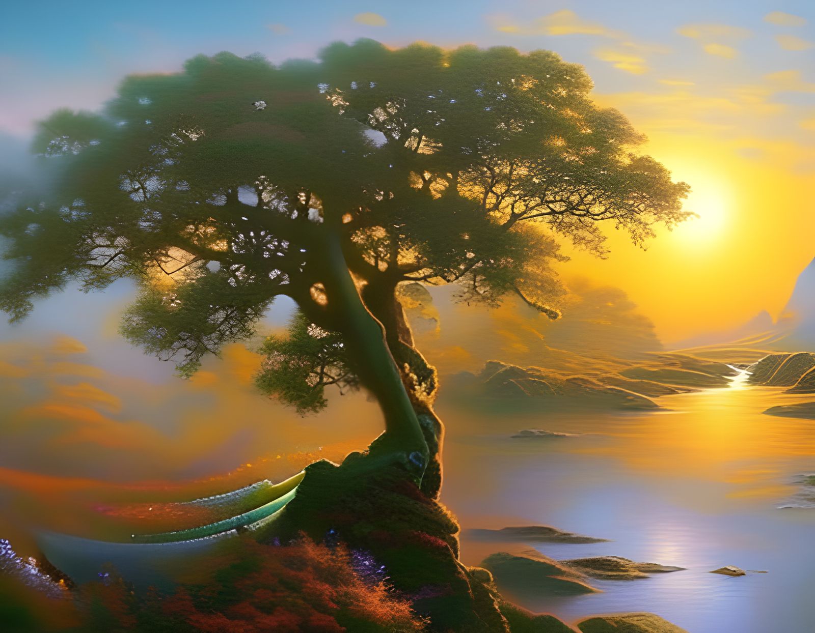 Orange Goddess in Misty Ethereal Fantasy Landscape