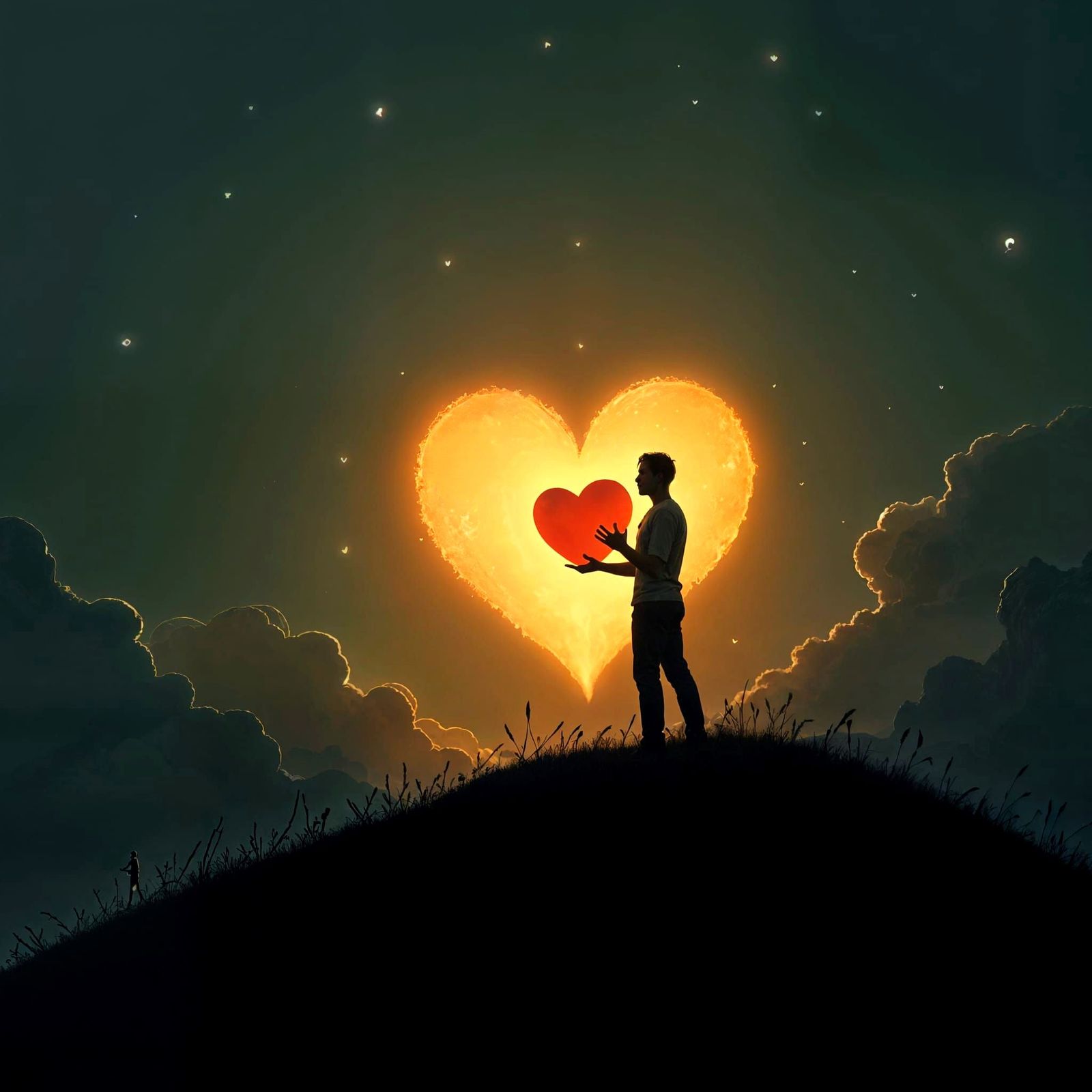 Man with Shining Heart Silhouette on Hilltop