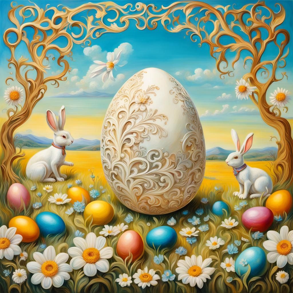 Cracked Bone Easter Egg with Bunnies in Meadow