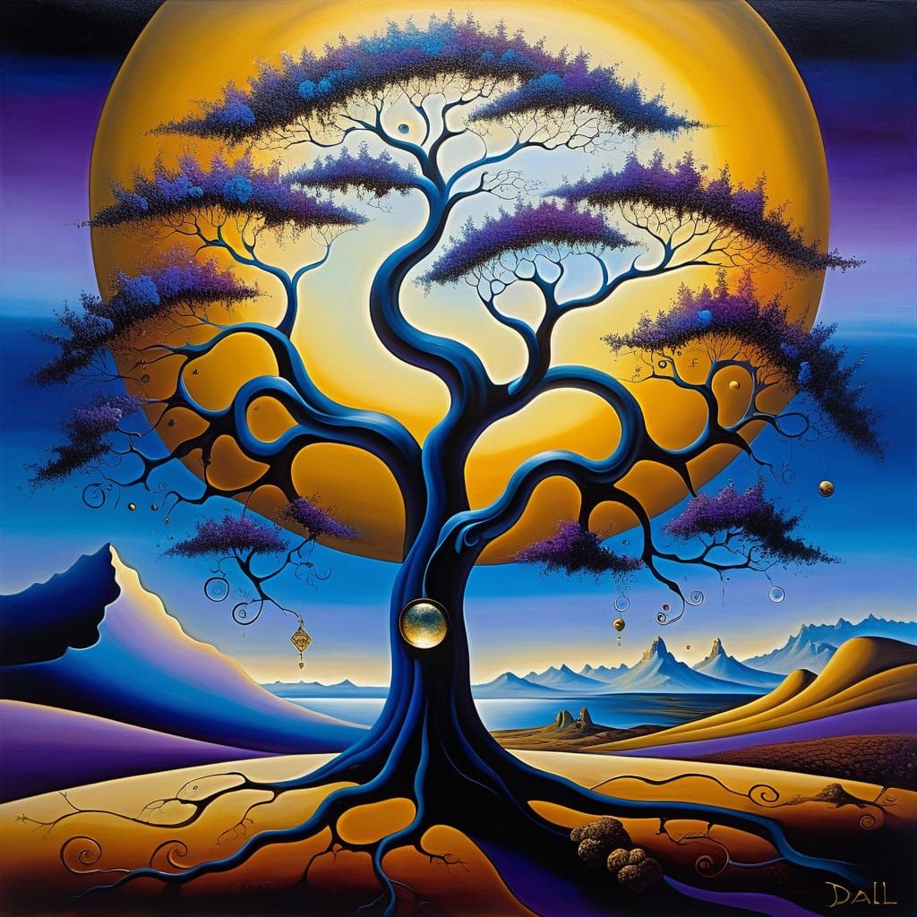 Surreal Tree of Life with Fractal Petals in Vibrant Oil Pain...