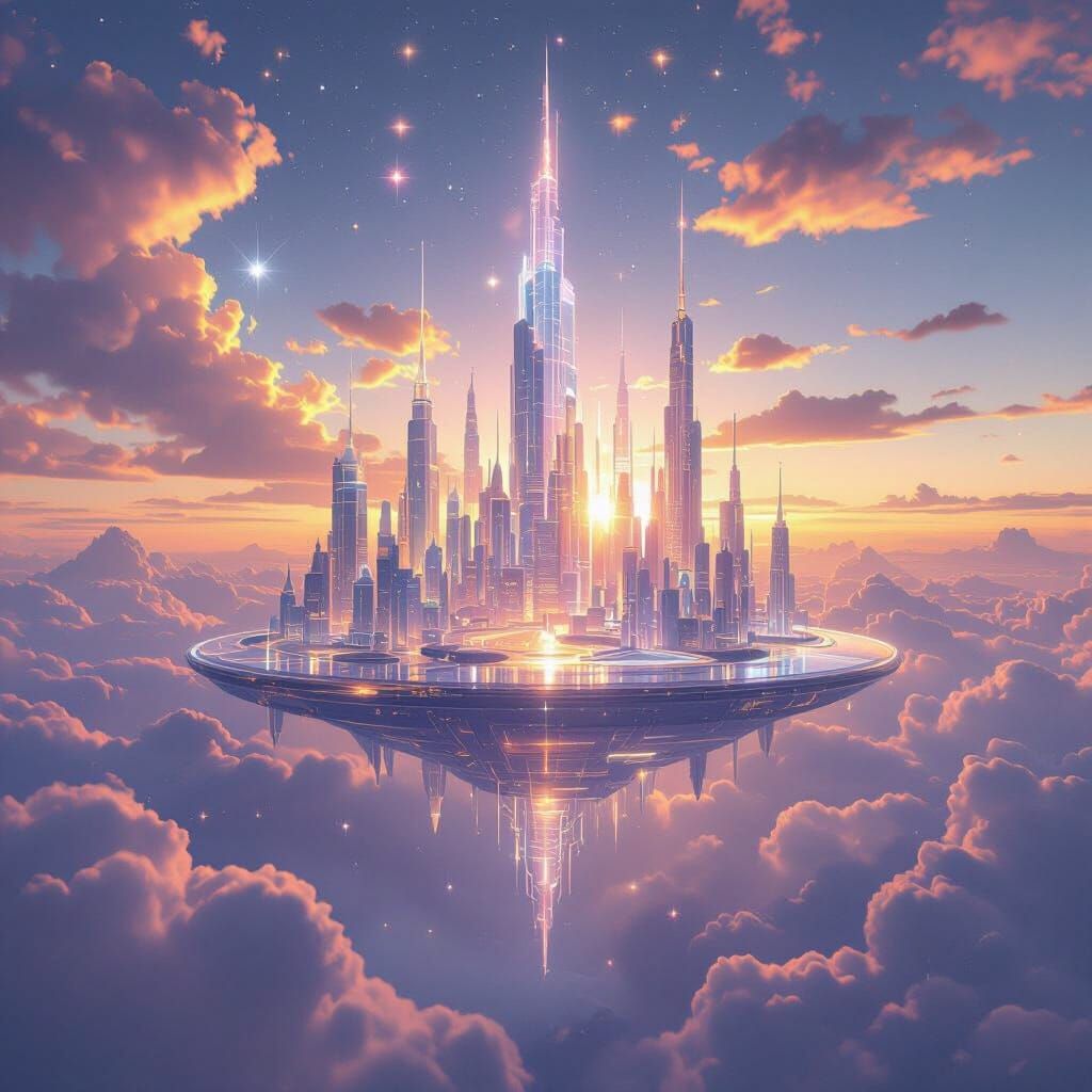 Floating Crystal City at Sunset with Ethereal Creatures