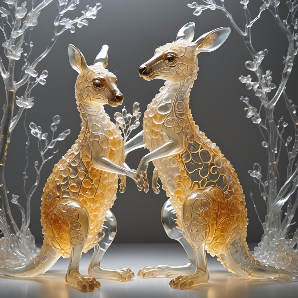 Luminous Jelly Kangaroo Sculptures in Tender Embrace
