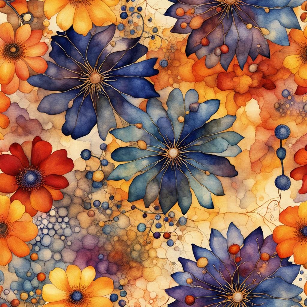 Cellular Cosmos with Floral Webbing in Watercolor Style