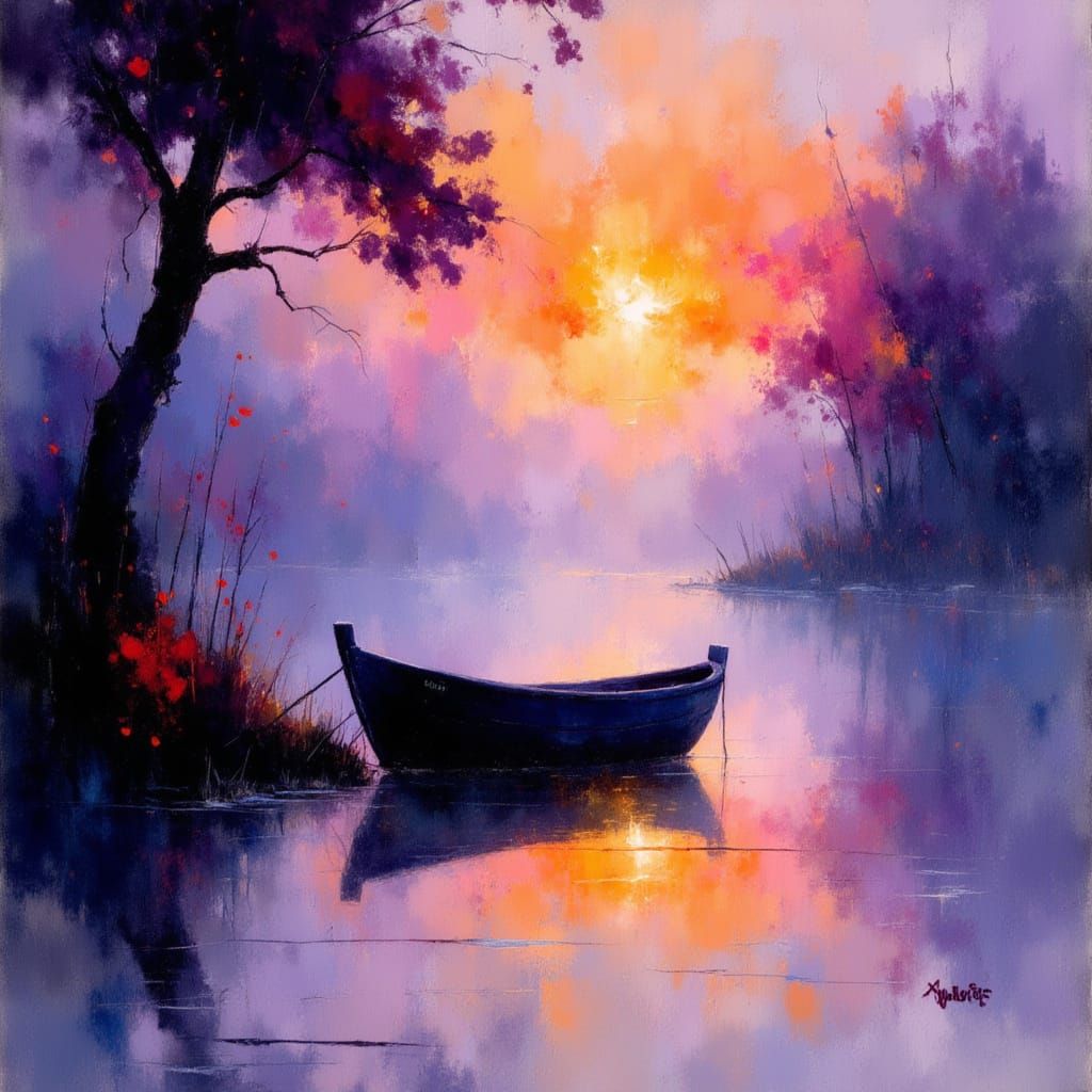 Impressionistic Gouache Boat on Still Lake