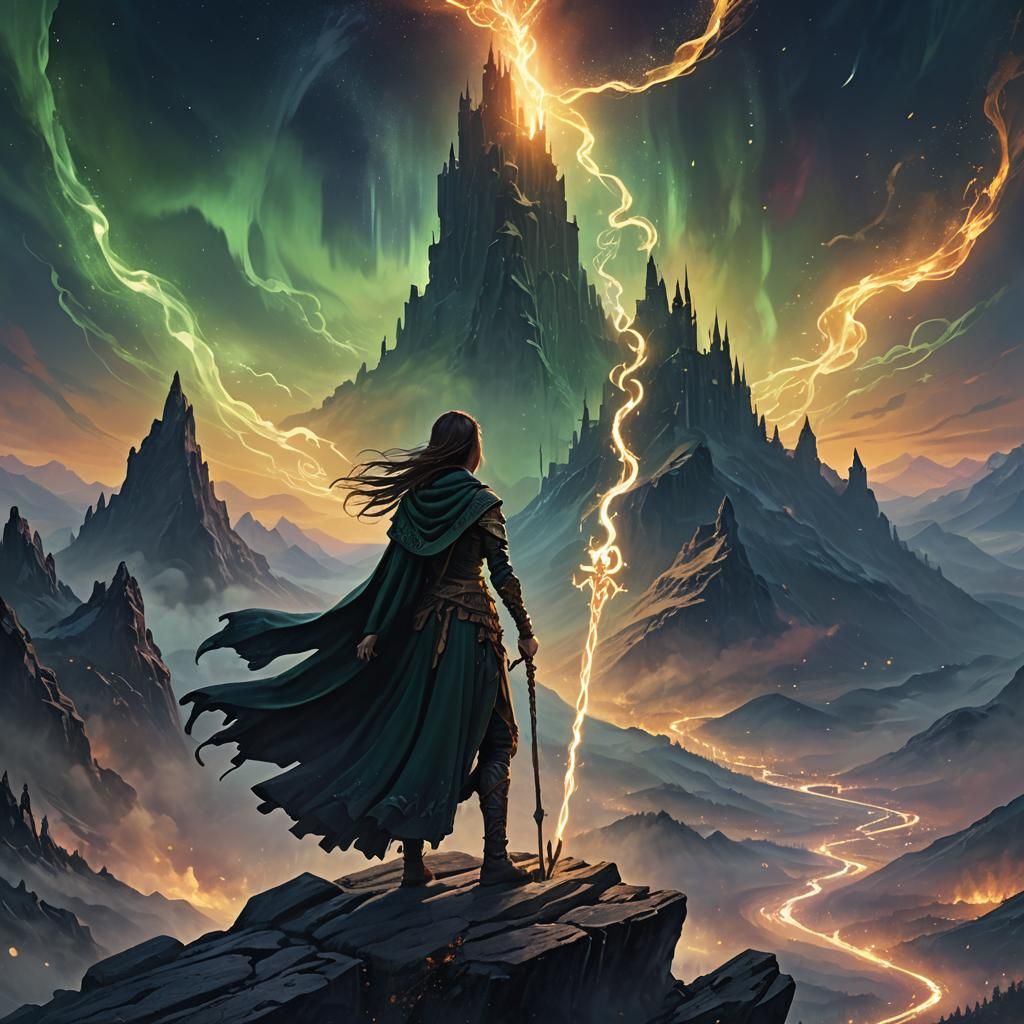 Mystical Warrior on Peak with Glowing Staff