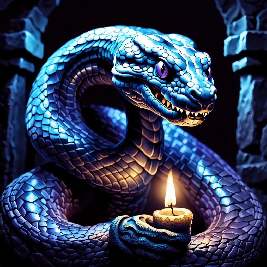 Eerie Blue Mamba Coiled Around Artifact