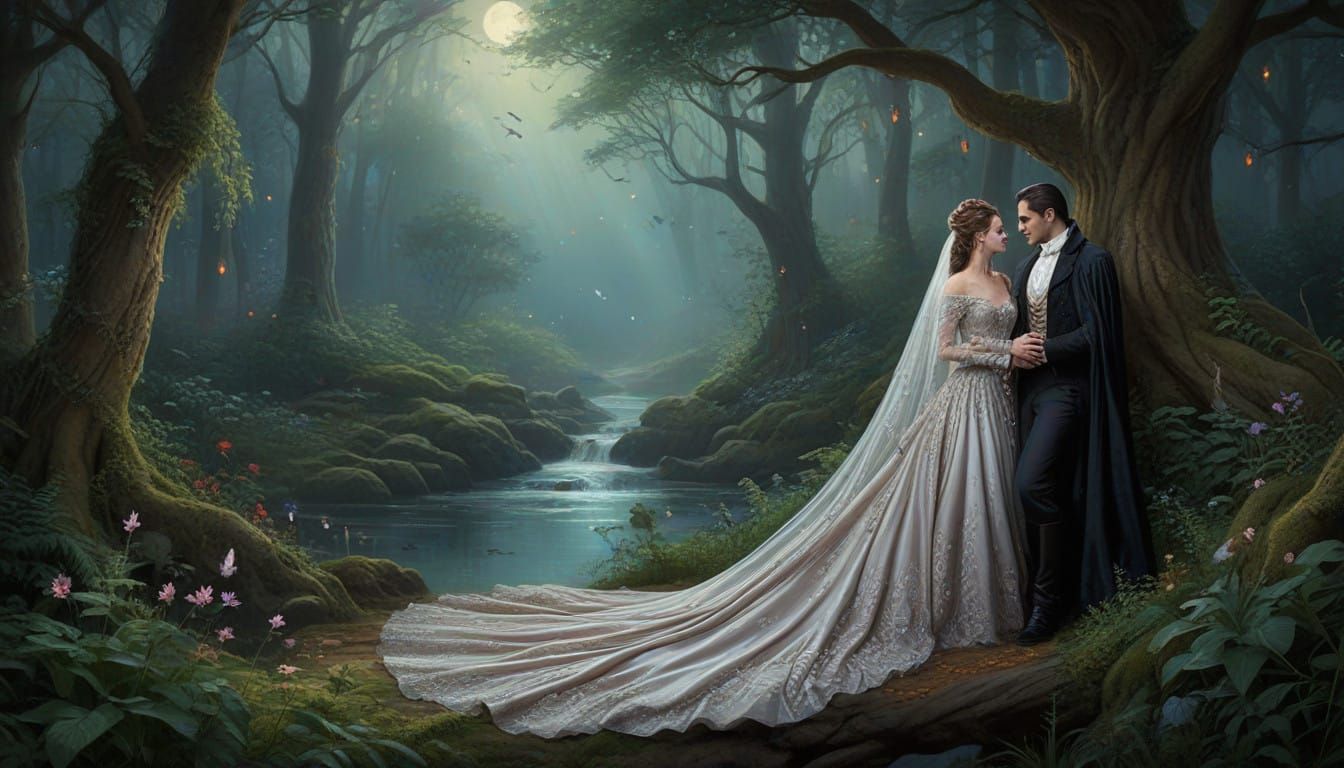 Dark Lord and Enchantress in Moonlit Forest