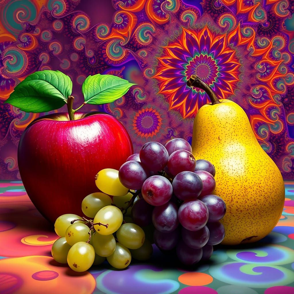 Vibrant Fruit Still Life on Mandelbrot Fractal Background