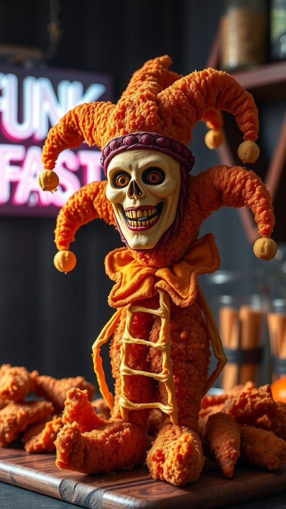 Golden Fried Jester Figure in Quirky Food Photography Style