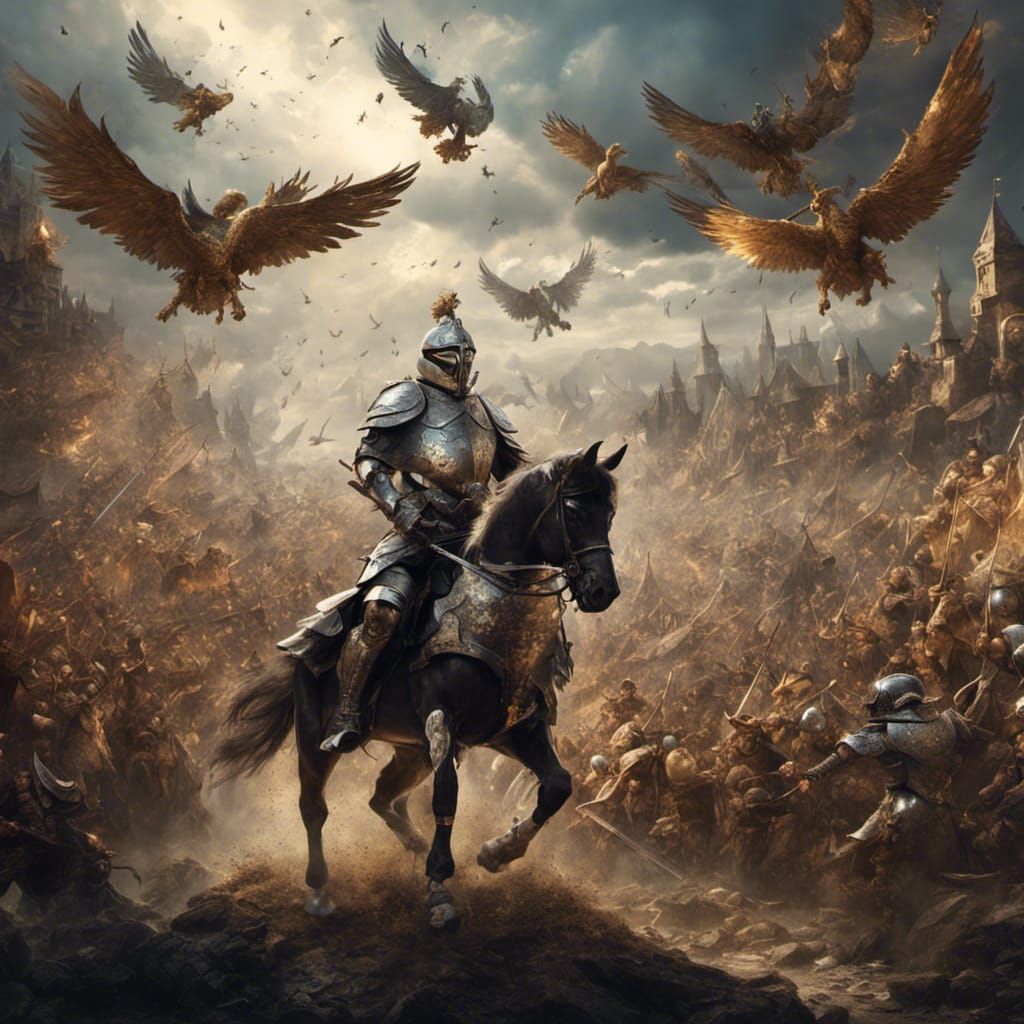 Knight Leads Army into Battle with Griffins