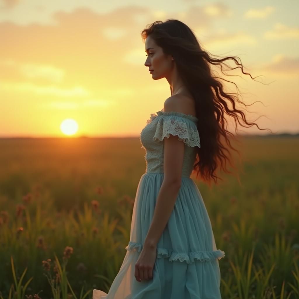 Sunset Meadow: Ethereal Woman in Dreamy Landscape