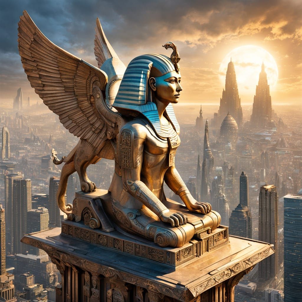 Futuristic Metropolis: Sphinx on a Skyscraper