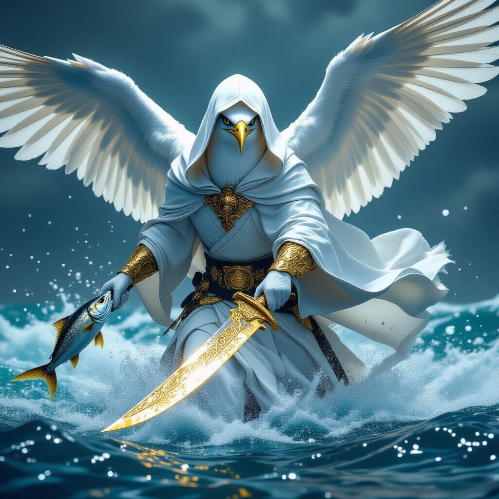 Avenging Seagull in White Robe Steals Fish Over Sea