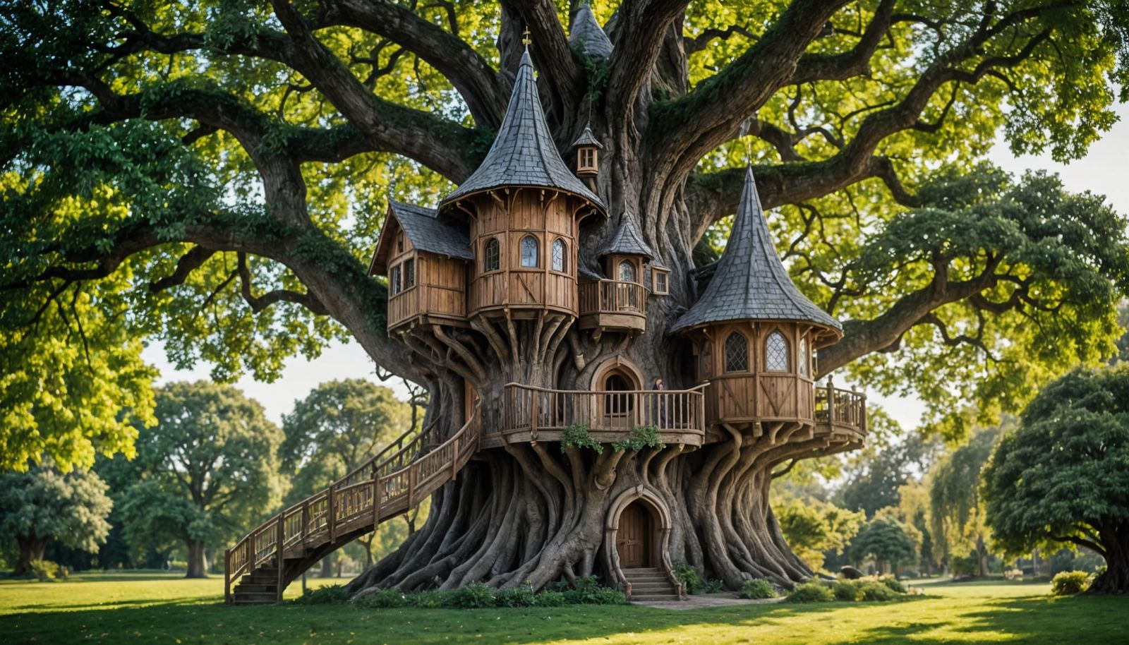 Elven Oak Treehouse in a Majestic Park Landscape