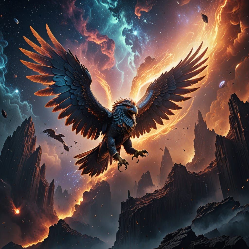A majestic griffin soars through a vibrant, swirling nebula....