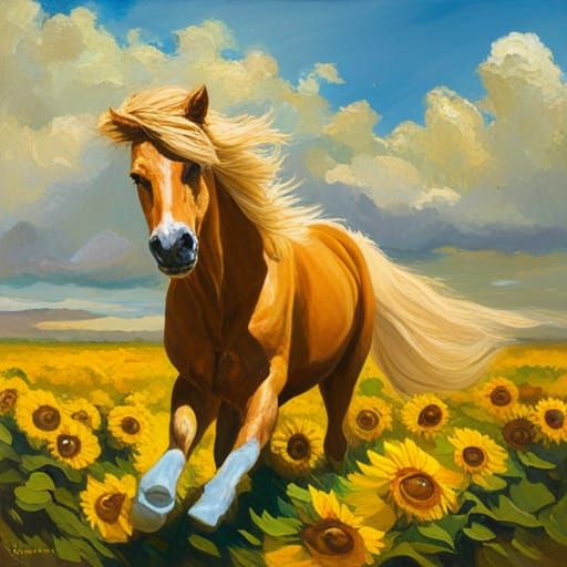 Golden Stallion Runs Through Sunflowers: Oil Painting
