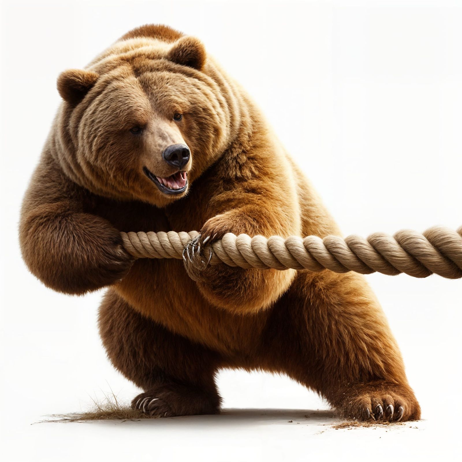 Grizzly Bear Playing Tug-of-War on White Background