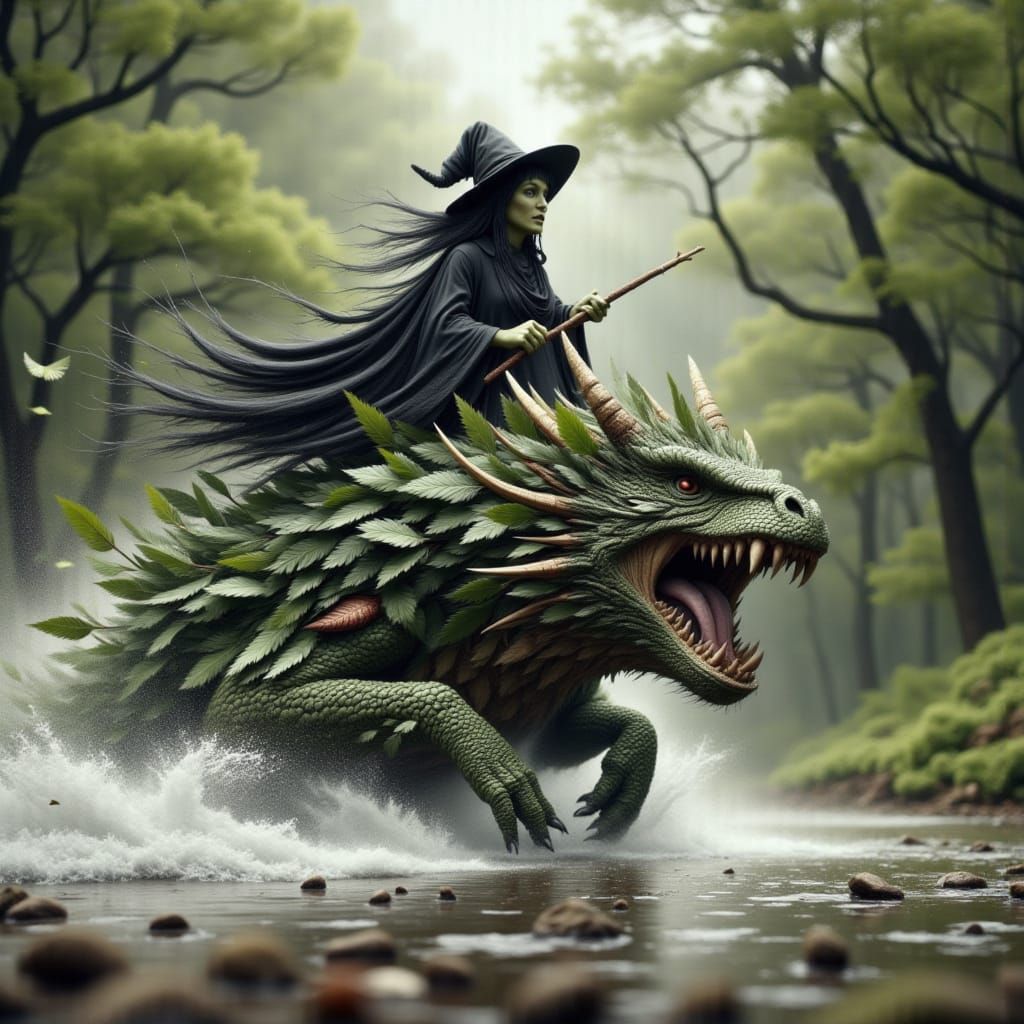 Dragon and Witch Escape into Whimsical Forest