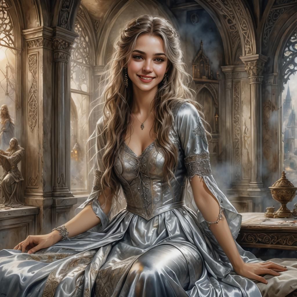 Ethereal Girl in Medieval Bedroom, Watercolor Style