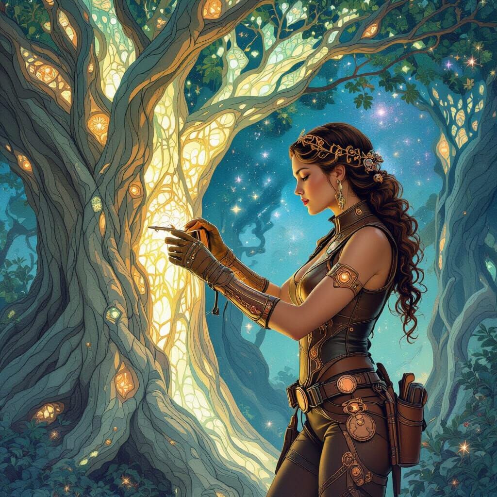 Art Nouveau Arborist Tends Cosmic Bioluminescent Trees