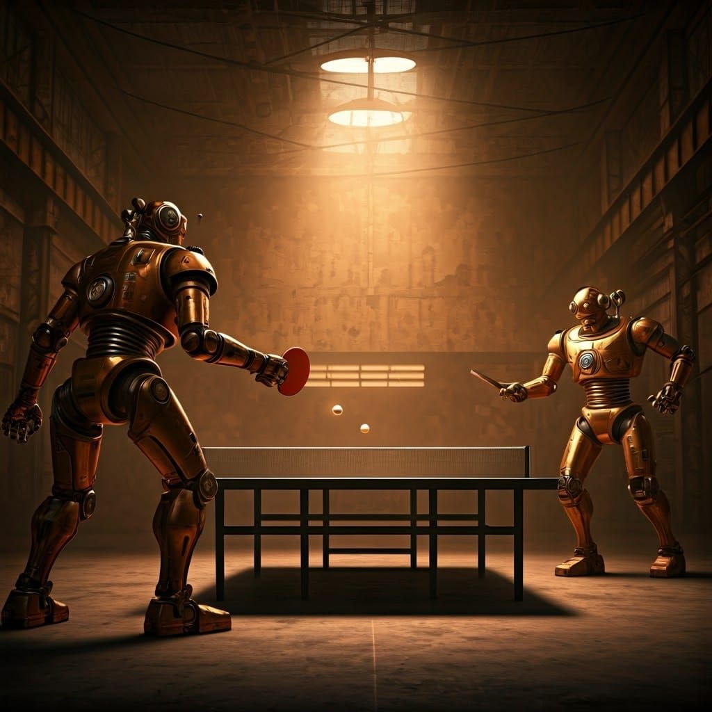 Robots Play Ping Pong in Dystopian Style