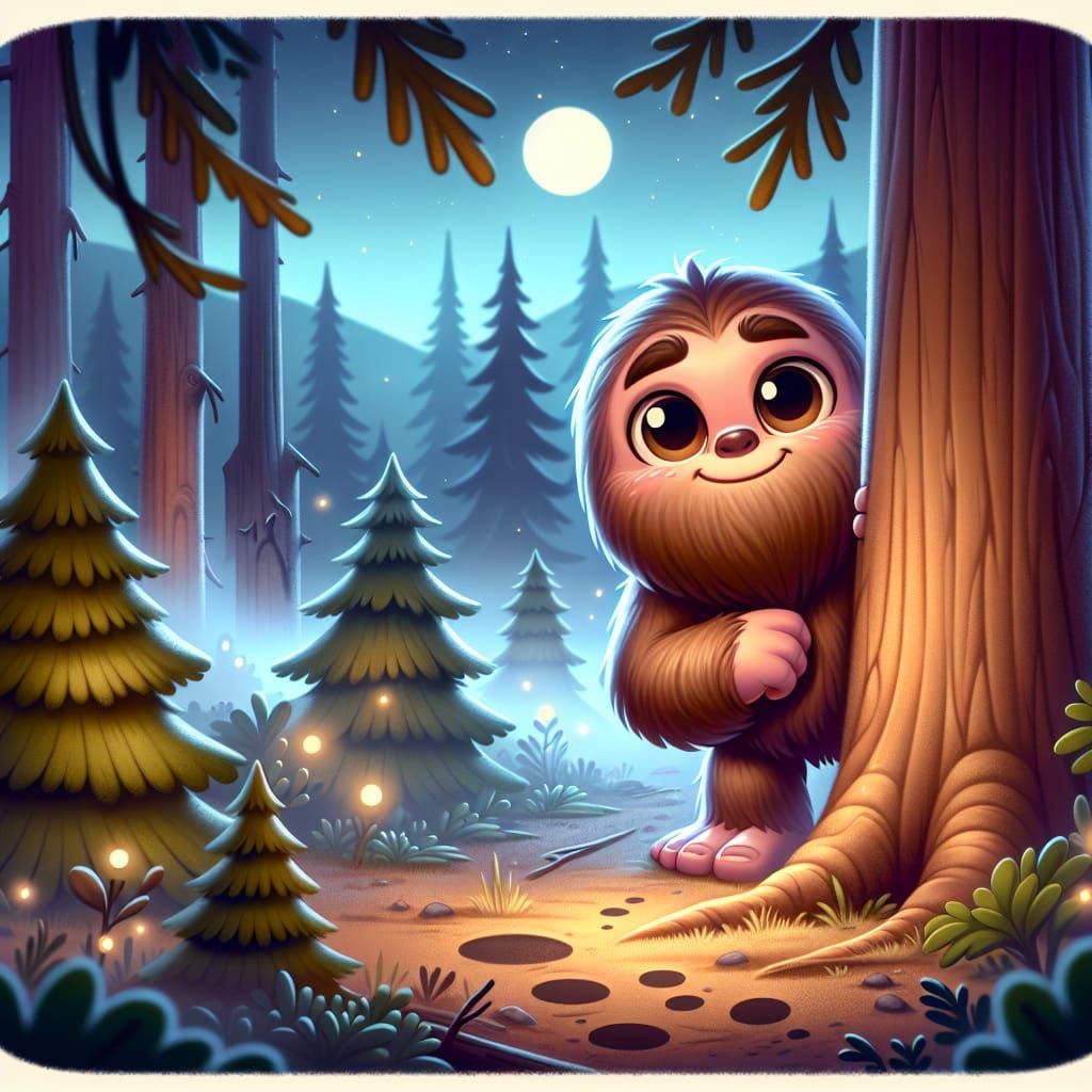 Friendly Cartoon Bigfoot Peeking from Misty Forest Clearing