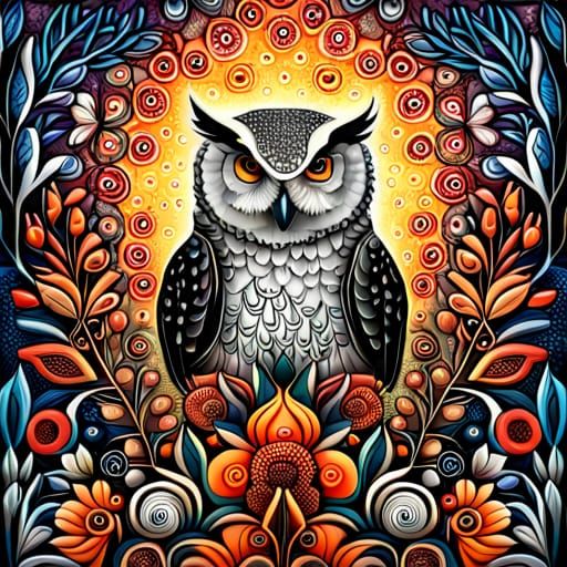 Owl in Forest Garden: Mixed Media Pointillism