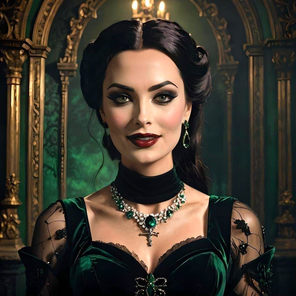 Morticia Addams in Sumptuous Green Victorian Dress