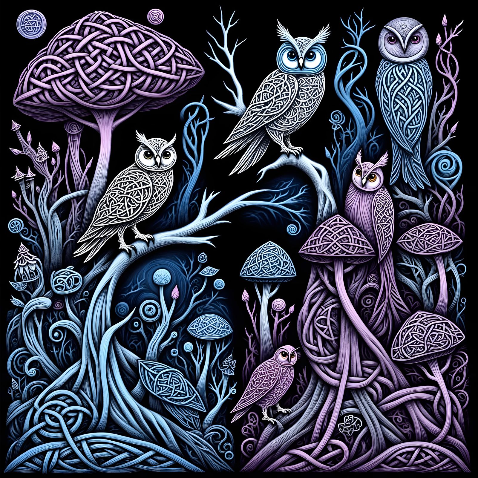 Owls in a Whimsical Mushroom City