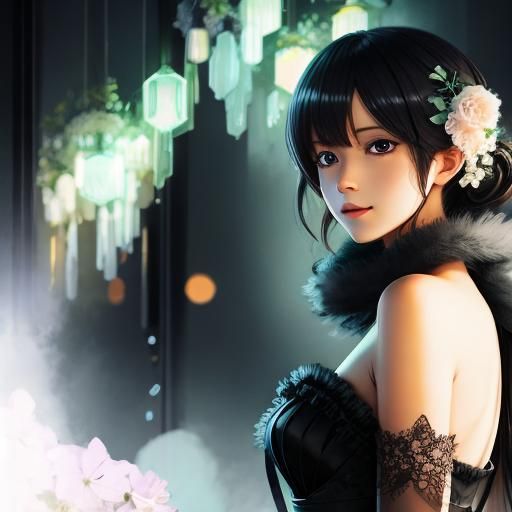 Anime Woman in Metal Filigree Room, Painterly Style