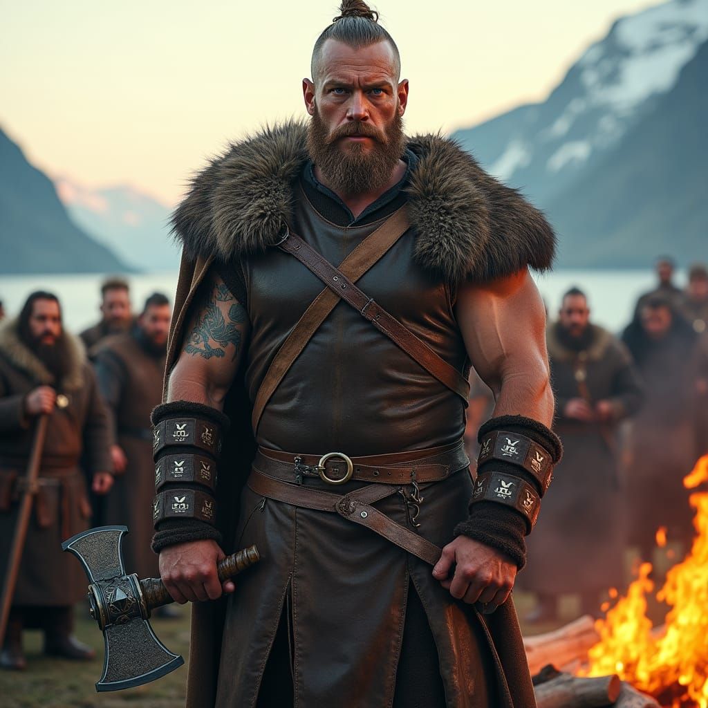 Stoic Viking Warrior with Axe in Nordic Landscape
