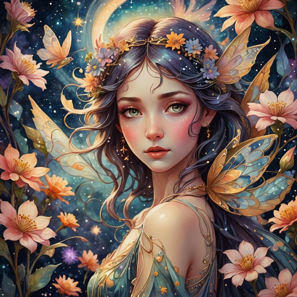 Cosmic Art Nouveau Fairy in Astral Garden