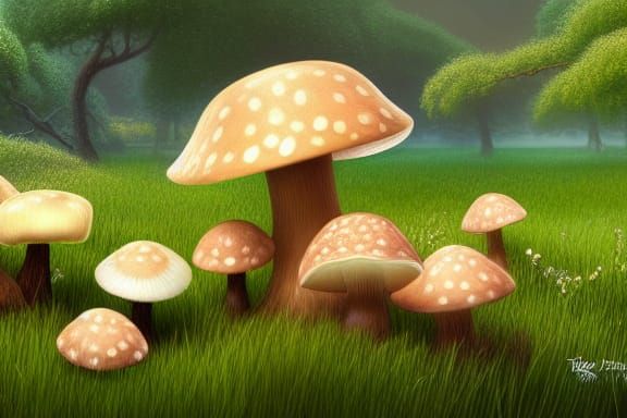 Mushrooms in Lush Field: Storybook Fantasy Art