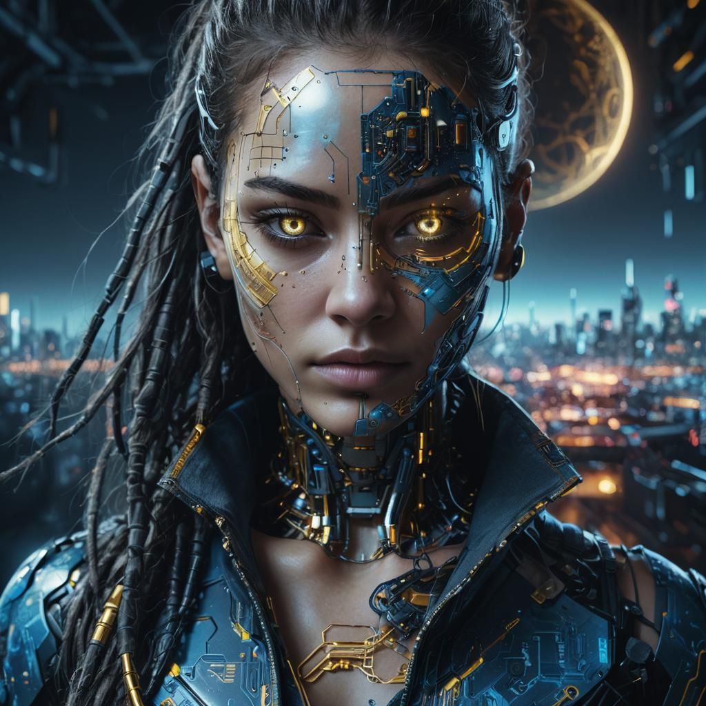 Detailed Cyborg Girl Portrait in Minimalist Style