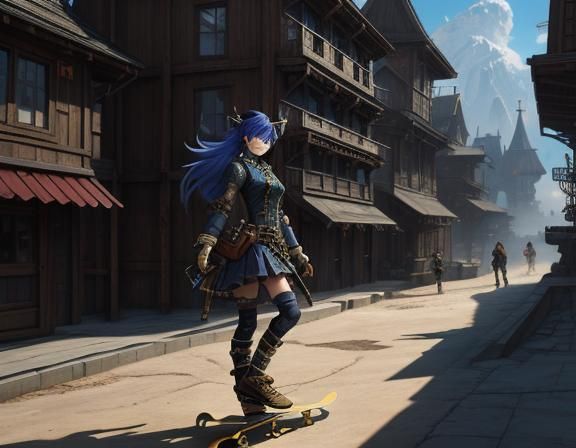 Steampunk Anime Skateboarder in Kazakhstan Village