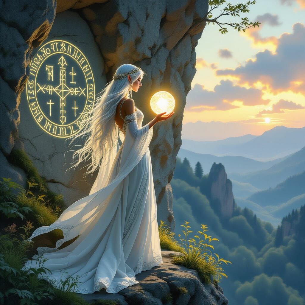 Elf Maiden on Cliff Overlooking Mystical Forest