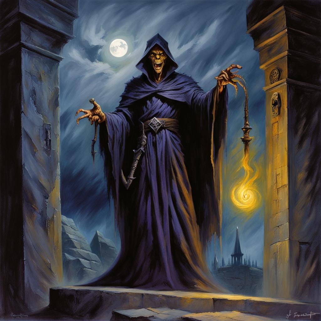 Evil Undead Demonologist Lich in Ominous Tomb: Oil Painting