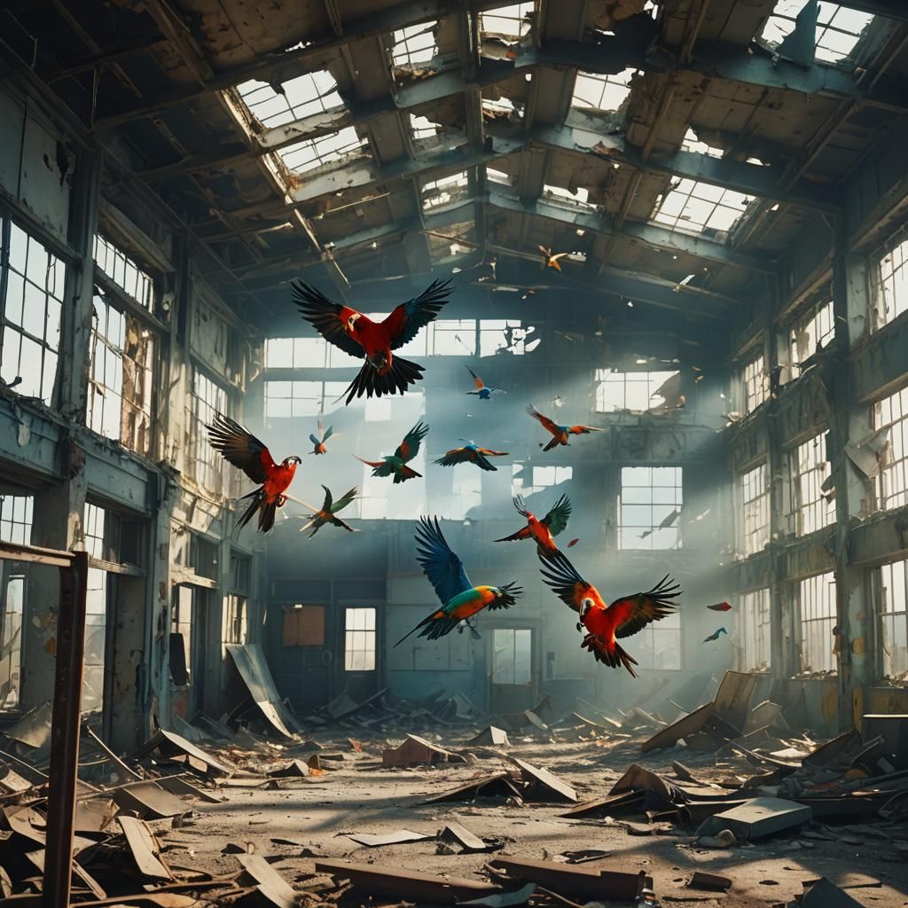Colorful Parrots Soar Through Abandoned Airport