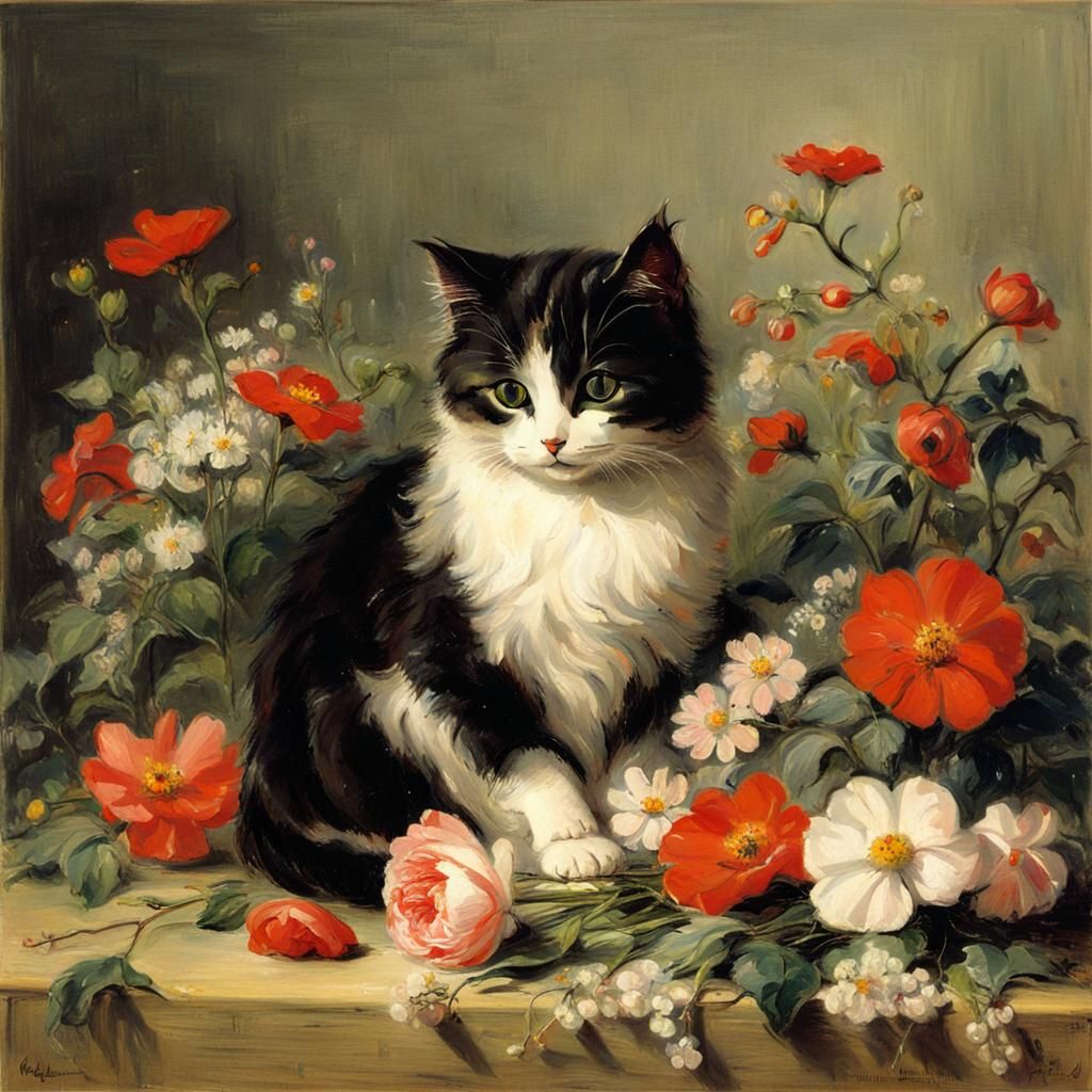 Cat Surrounded by Flowers in Kielland Style