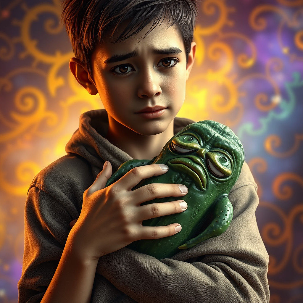 Man Comforts Unhappy Pickle in Dreamlike Matte Painting