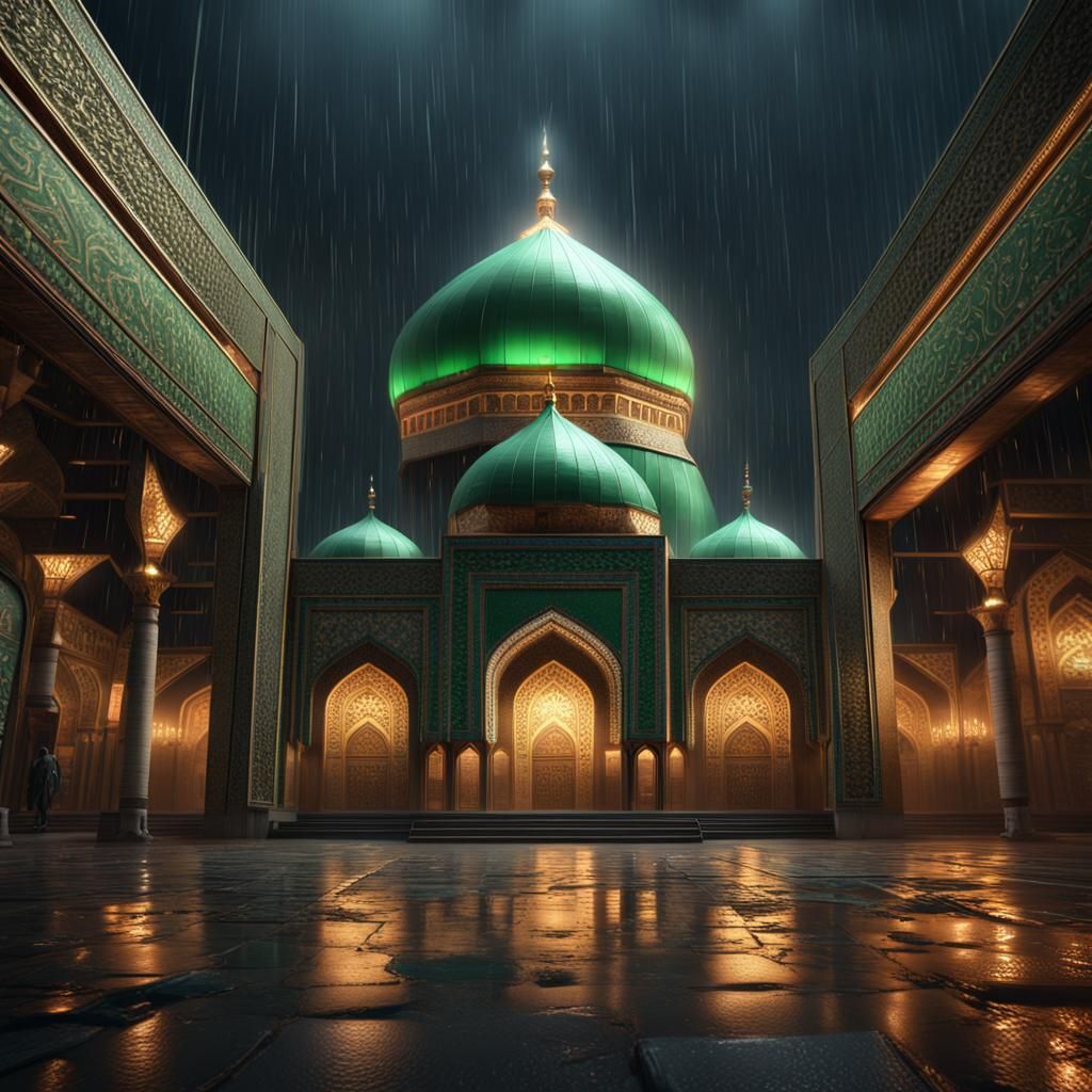Hyperrealistic Imam Ali Shrine in Rainy Night