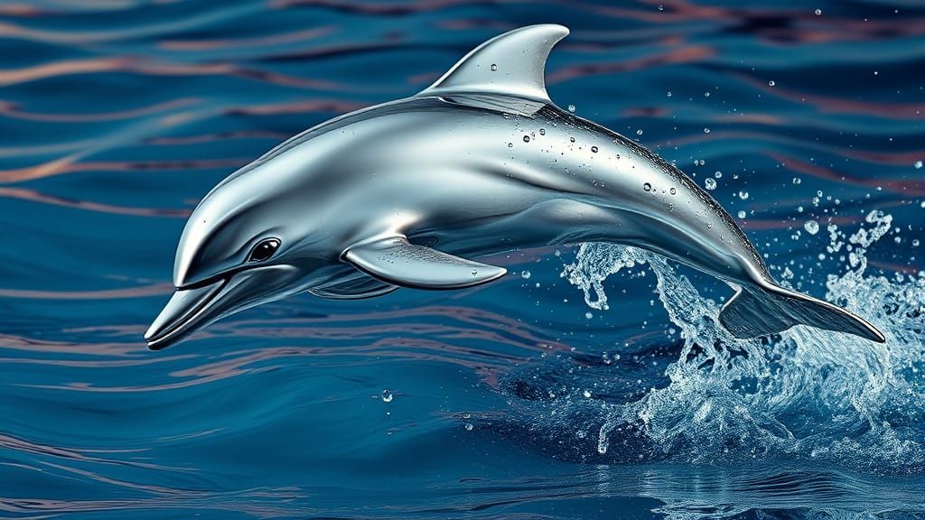Mercury Dolphin Leaping from Waves: Hyperrealistic Silver Sc...