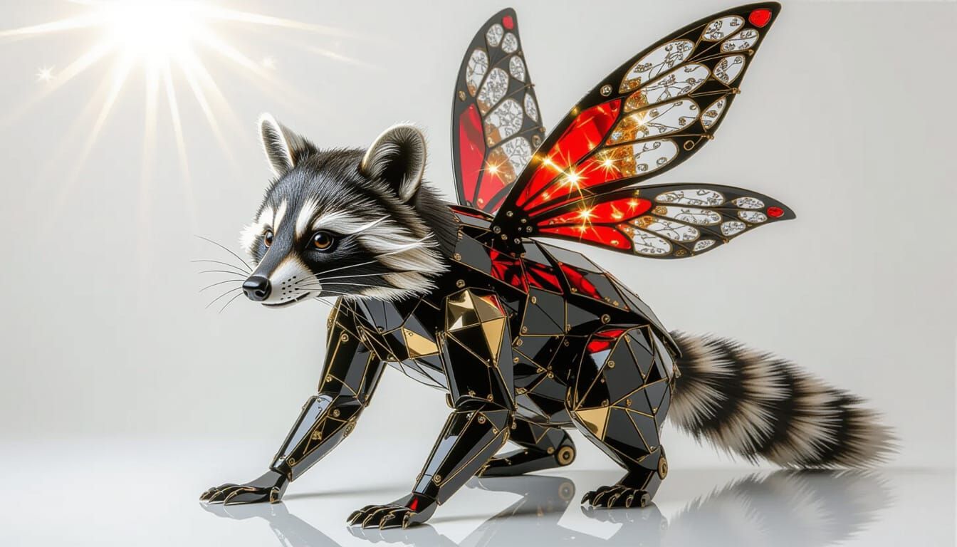 Futuristic Raccoon with Biomechanical Details and Fairy Wing...