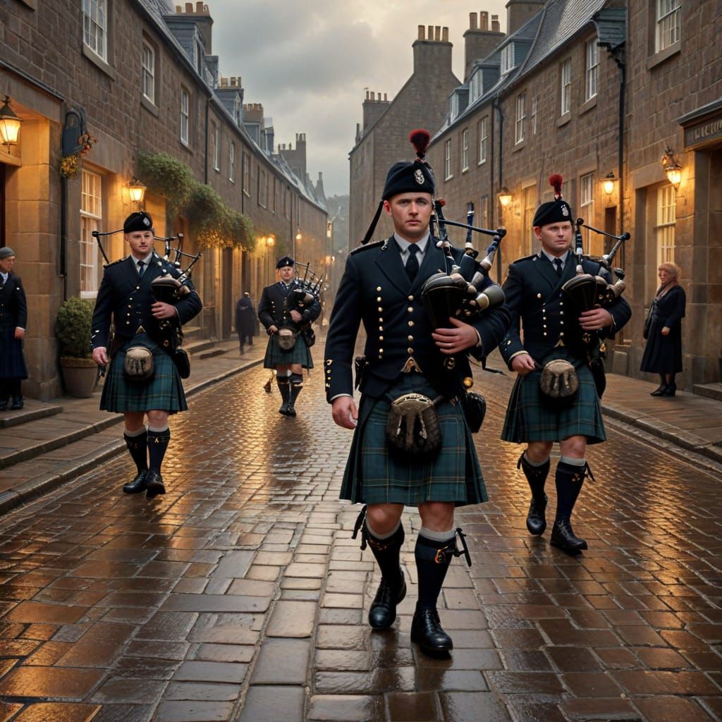 Scottish Military Band in Tartan Kilts: Oil Painting