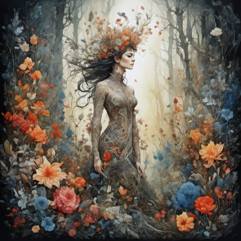 Woman Walks in Forest with Colorful Flora