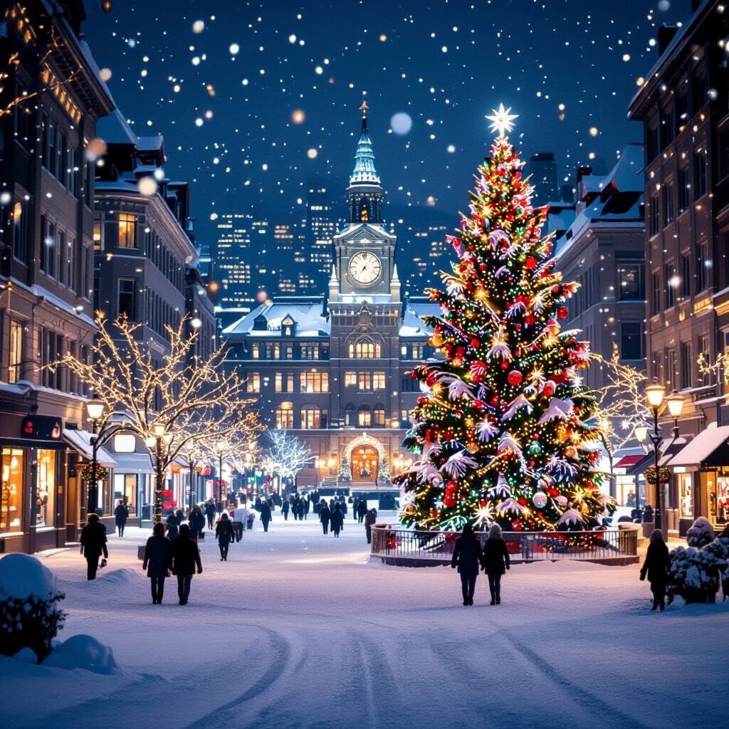 Snowy City at Night with Christmas Lights and Grand Tree