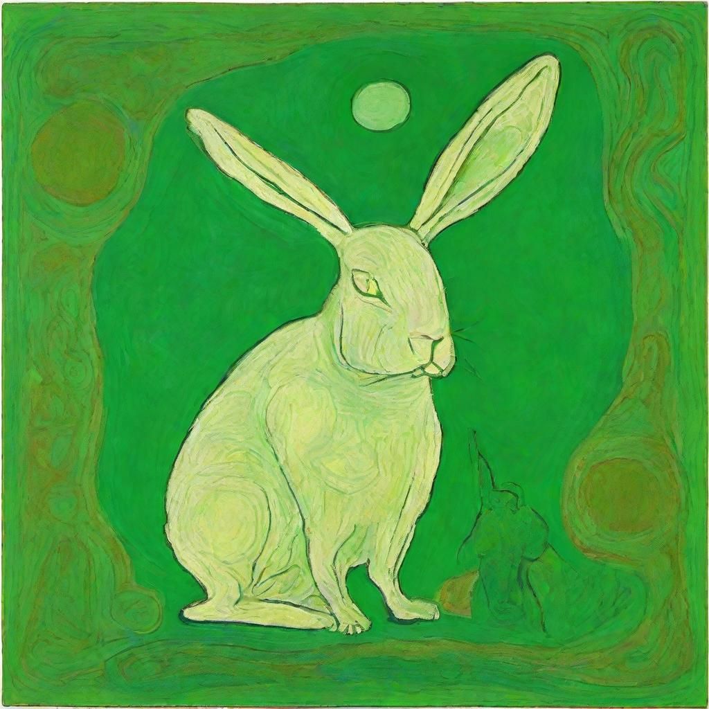 Green Alien Rabbit Blending Cubism and Medieval Art