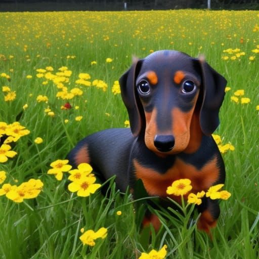 Dachshund in Flower Field: A Realistic Portrait