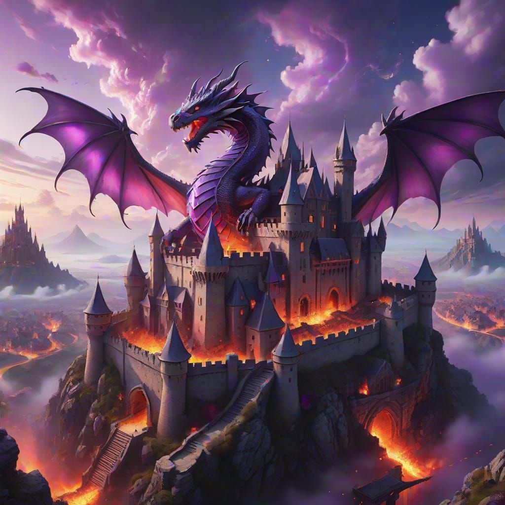 Crystal Dragon Encircles Glowing Citadel Under Violet Skies